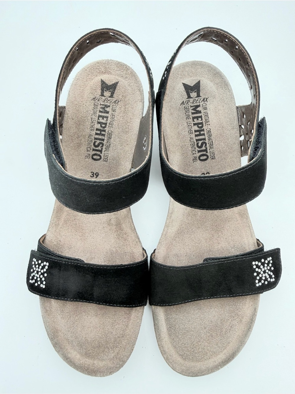 Mephisto Air-Relax Black Suede Wedge Sandals Size 39 Rhinestone Cutout Leather